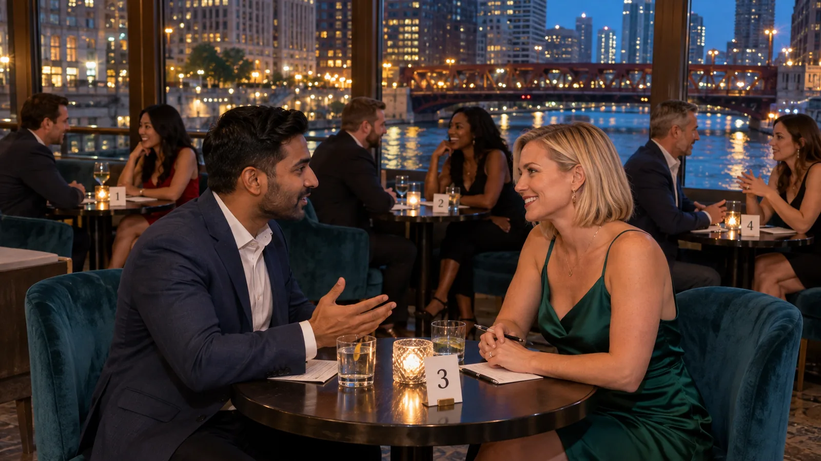 Speed dating tables at a Chicago First Dates event overlooking the Chicago River at dusk