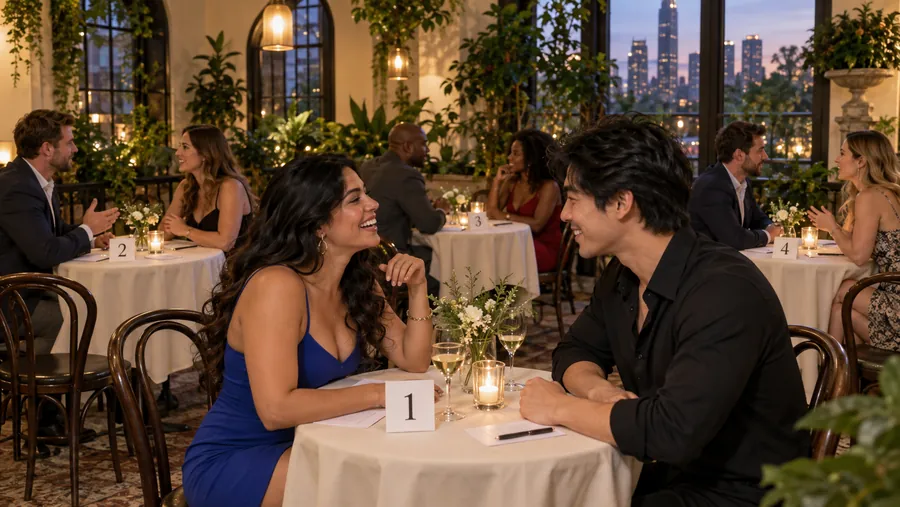 Guests arriving at a candlelit Chicago First Dates speed dating night