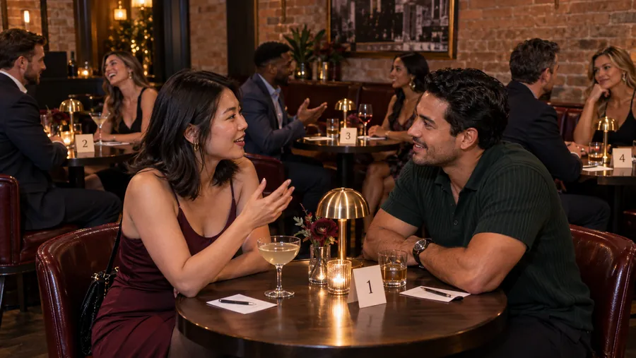 A couple laughing at a Chicago speed dating night with the skyline behind them