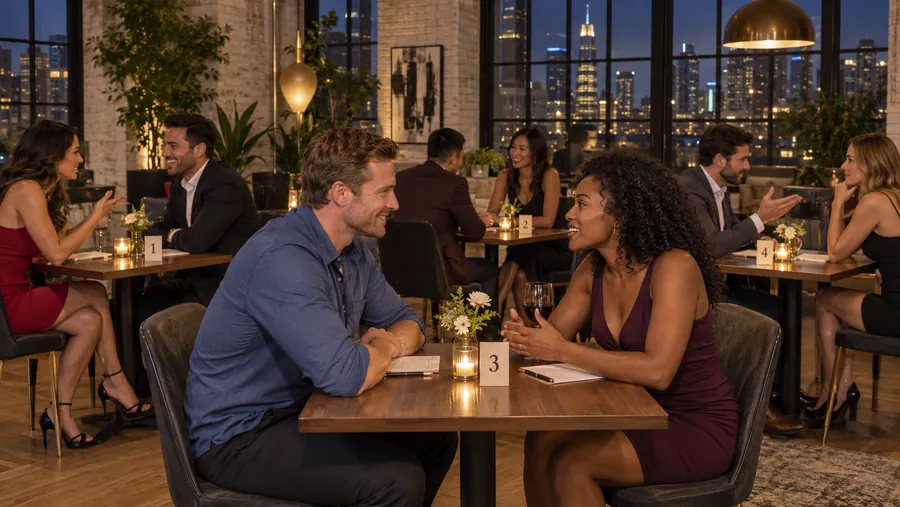 Two people talking across a numbered table at a speed dating event in Chicago